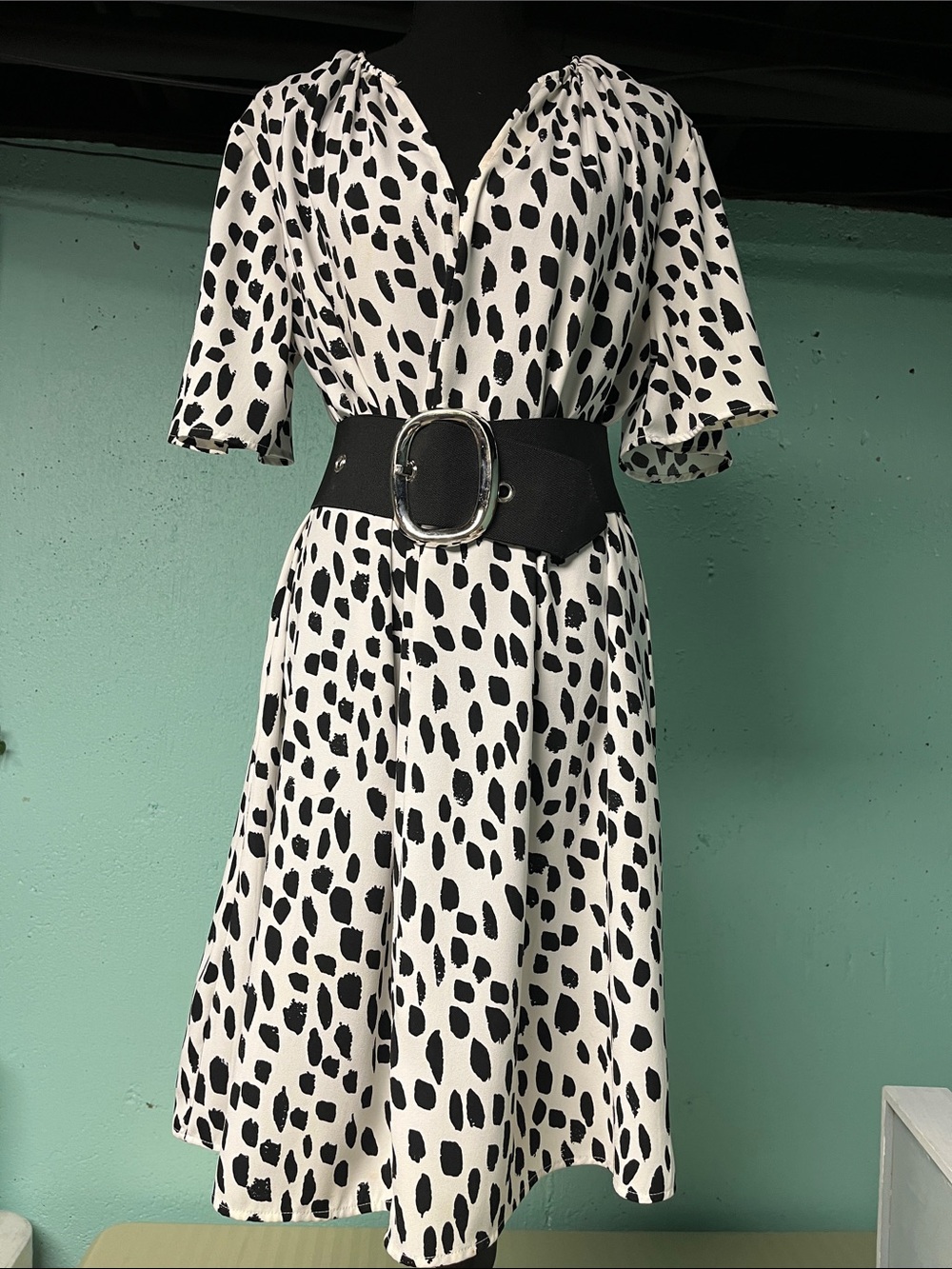 Black and White Dalmatian Print Midi Dress with Belt